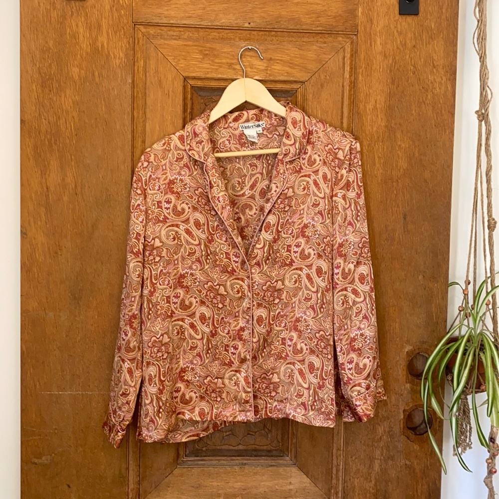 WinterSilks button down pajama shirt long sleeve pink paisley medium 100% silk